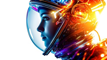 confident astronaut woman, detailed suit and helmet, illuminated spaceship interior, focused expression, isolated on white background