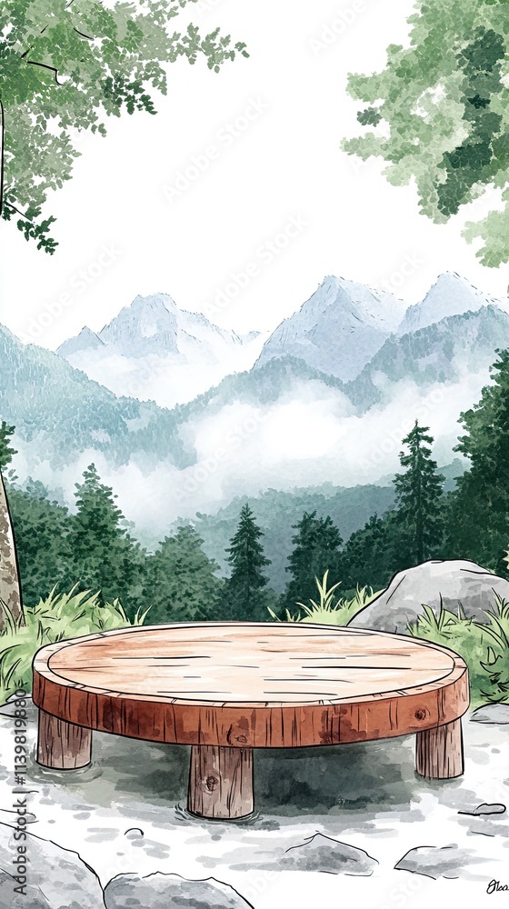 Poster a wooden platform with a view of a mountain range and forest in the background.