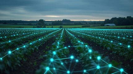 Futuristic Farming Technology with Digital Connections in a Green Crop Field at Dusk