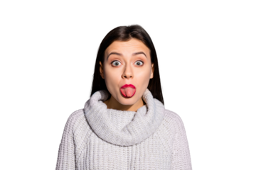 Petty funny lady impolite sticking tongue out of mouth wear knitted pullover isolated blue background