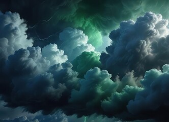 Naklejka premium Swirling Storm Clouds in an Abstract Dark Blue and Green Skiescape, cloudy sky, turbulent air
