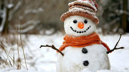 Cheerful snowman with a carrot nose and coal eyes in a snowy, festive scene
