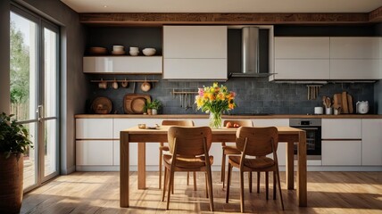 Modern Farmhouse Kitchen Design: Sunlit space, wooden dining table, and stylish cabinetry create an inviting and warm atmosphere.  
