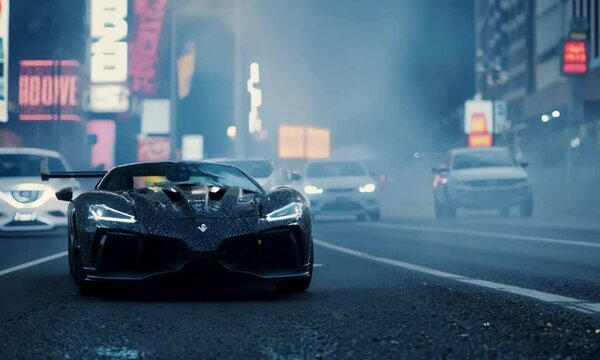 Two sleek sports cars race on an asphalt road at night, with city lights and smoke in the background.