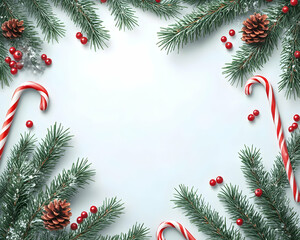 Festive Christmas frame with candy canes, pine branches, berries, and pine cones on a light blue background.