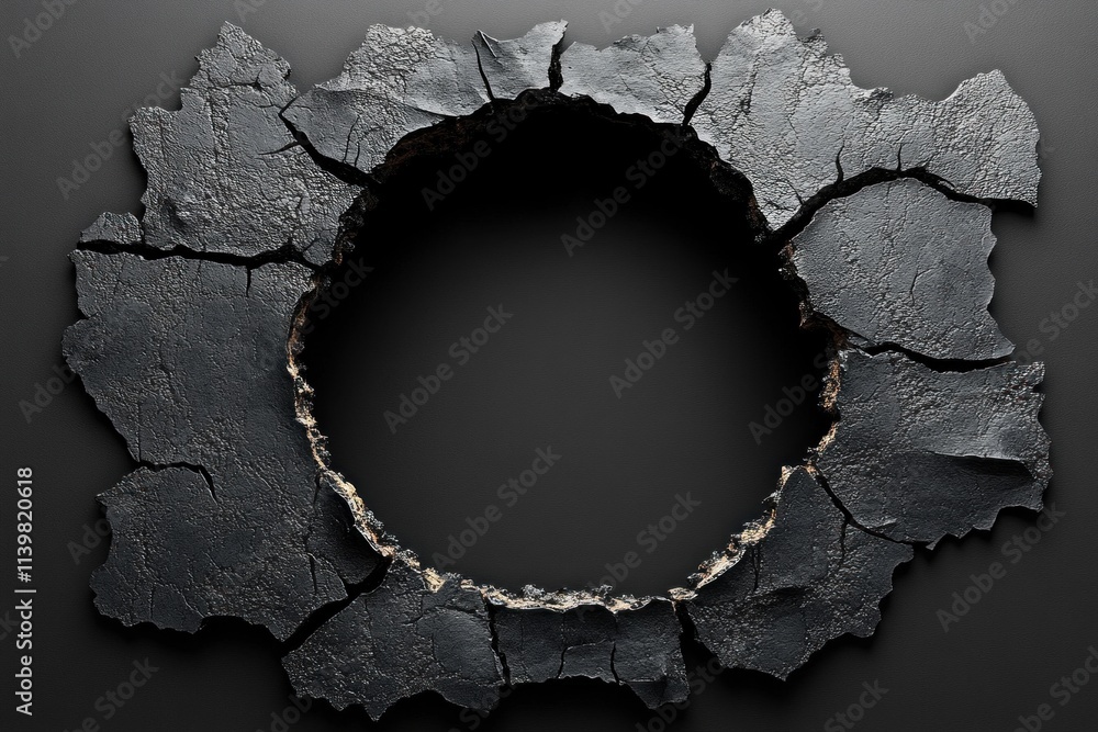Poster a circular hole in a cracked black surface exposes a lighter backdrop. the jagged edges highlight th