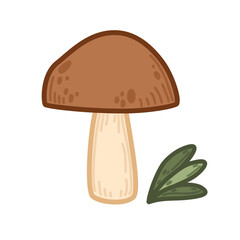 Simple brown mushroom illustration with a smooth beige stem and leafy accent. Vector illustration in simple cartoon style. Ideal for party invitations, storytelling visuals, or botanical projects