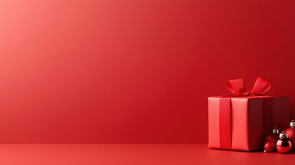 A vibrant red gift box adorned with a bow sits alongside various Christmas ornaments on a matching red surface, creating a festive holiday atmosphere