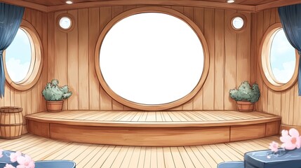 A wooden stage with a large round window, potted plants, and a small, round platform at the front.