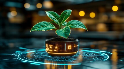 Futuristic Plant Growth Concept with Digital Interface in Modern Indoor Environment