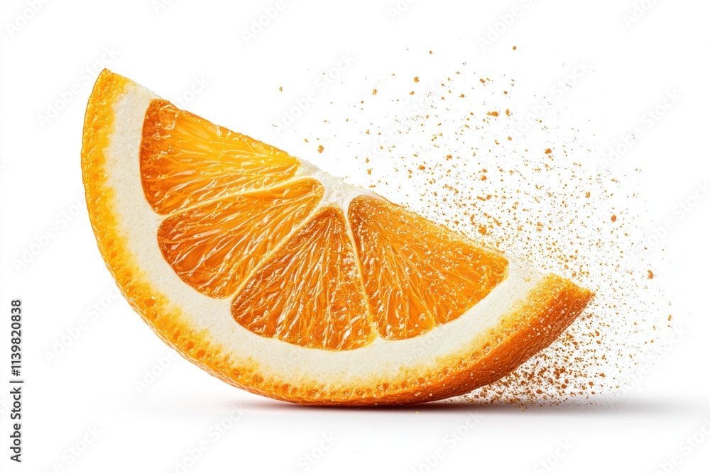 Poster in a bright composition, a fresh orange slice displays its vibrant color while dust particles appear