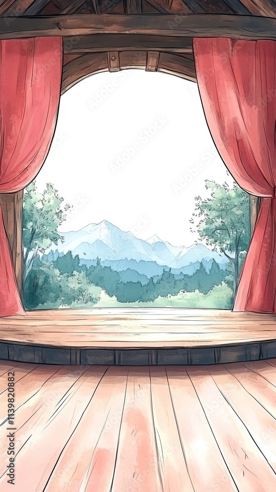 Poster A wooden stage with red curtains and a view of mountains and trees in the background.