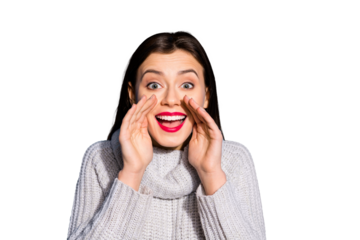 Photo of pretty lady yelling rumours wear knitted pullover isolated blue background