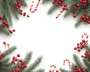 Festive Christmas frame with fir branches, berries, and candy canes on white background.