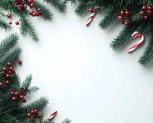 Festive Christmas frame with fir branches, berries, and candy canes on white background. (1)