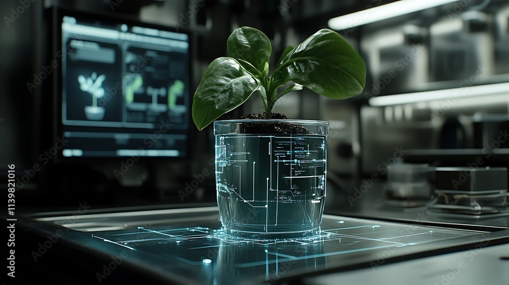 Poster futuristic plant growth in laboratory with digital technology and data visualization concepts