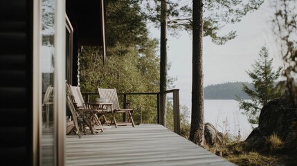 A tranquil wooden deck features two rustic chairs facing a calm lake. Tall trees frame the picturesque view, creating a peaceful atmosphere in nature during the day