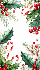 Festive Christmas frame with holly, berries, pine, and candy canes.
