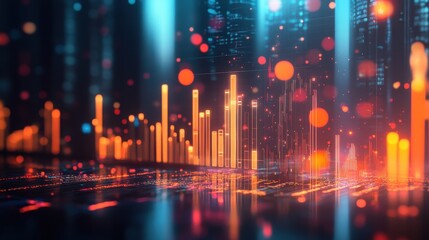 Abstract glowing data bars and bokeh. Illustrates growth, technology, or finance.