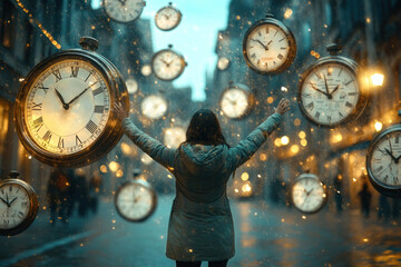 In a bustling city street at dusk, a woman with arms outstretched is surrounded by floating clocks, capturing the essence of time and its fleeting nature, Concept of time management, time travel