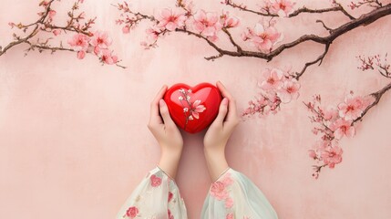 Female hands with sleeves holding a red heart, st valentine's day concept
