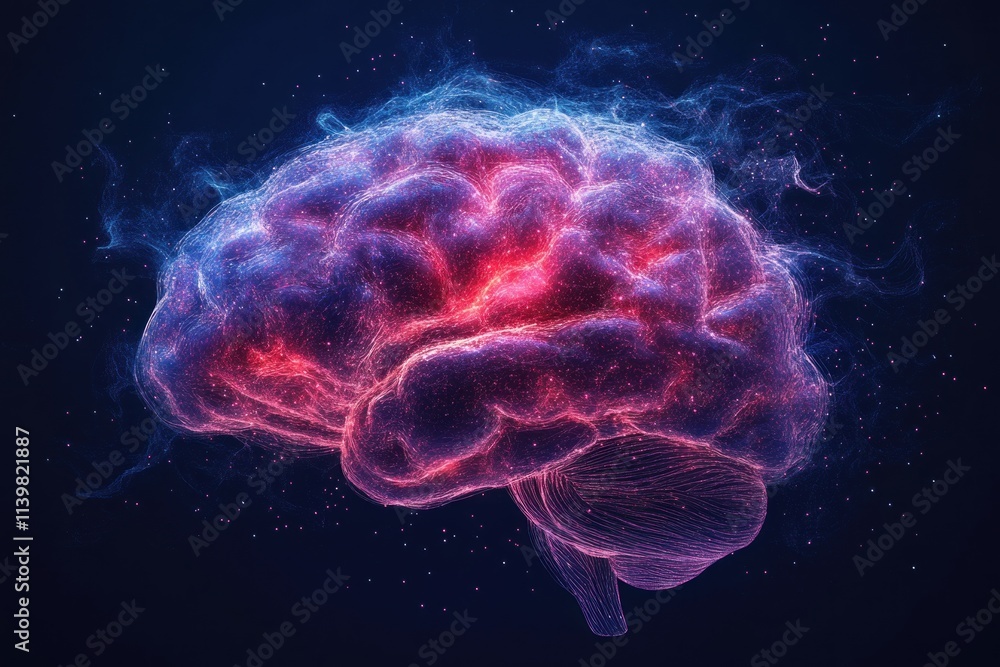 Poster a vibrant digital representation of a brain, highlighting its complex structures with colorful neura
