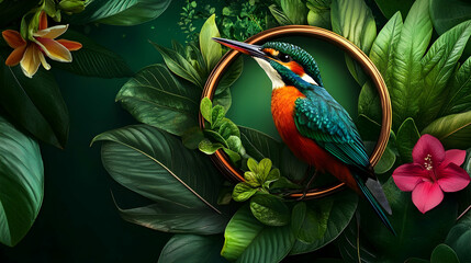Colorful bird perched on a decorative ring surrounded by green foliage and flowers