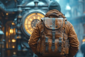 Obraz premium A traveler wearing a brown jacket and a knitted hat gazes at a vintage clock while standing on a lively city street. Early morning light casts a warm glow on the scene