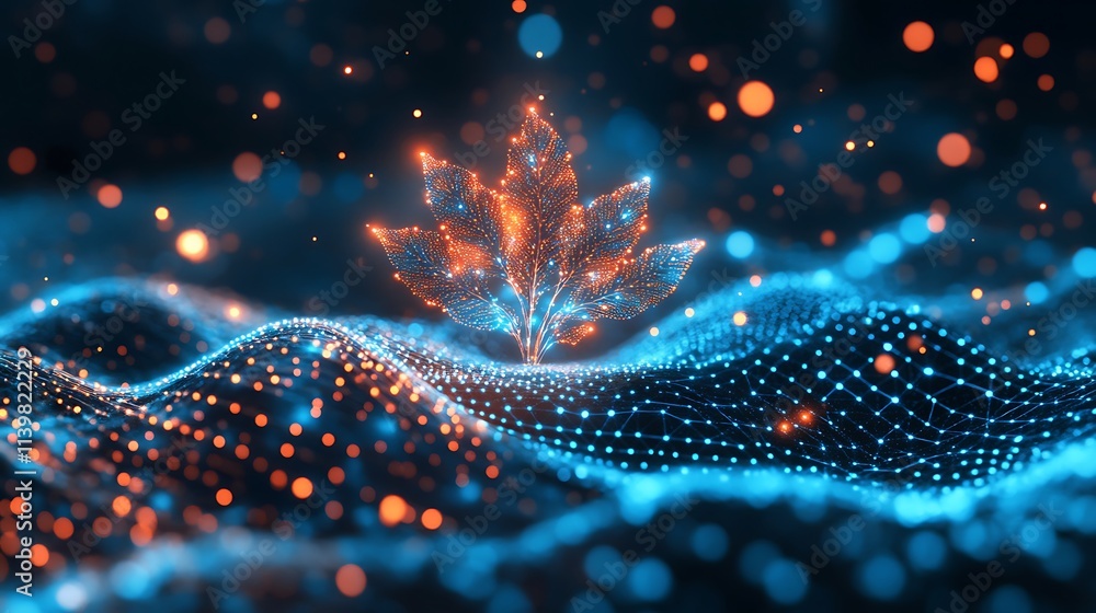 Aufkleber glowing leaf floating above digital waves of light in a vibrant abstract landscape of data visualiza