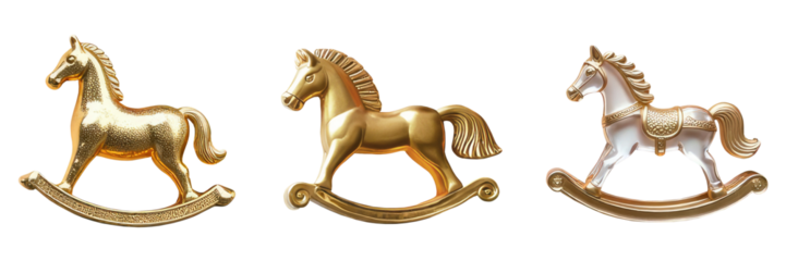 Set Gold rocking horse toy isolated on white cutout. PNG rocking horse. Merry Christmas theme, design element