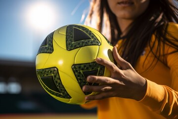 Female soccer player holding a vibrant yellow soccer ball on a sunny day in the stadium, ready for the game