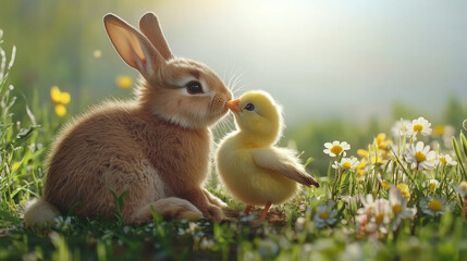 Fototapeta premium Bunny and chick friends sharing a moment in a meadow filled with flowers and warm sunlight 