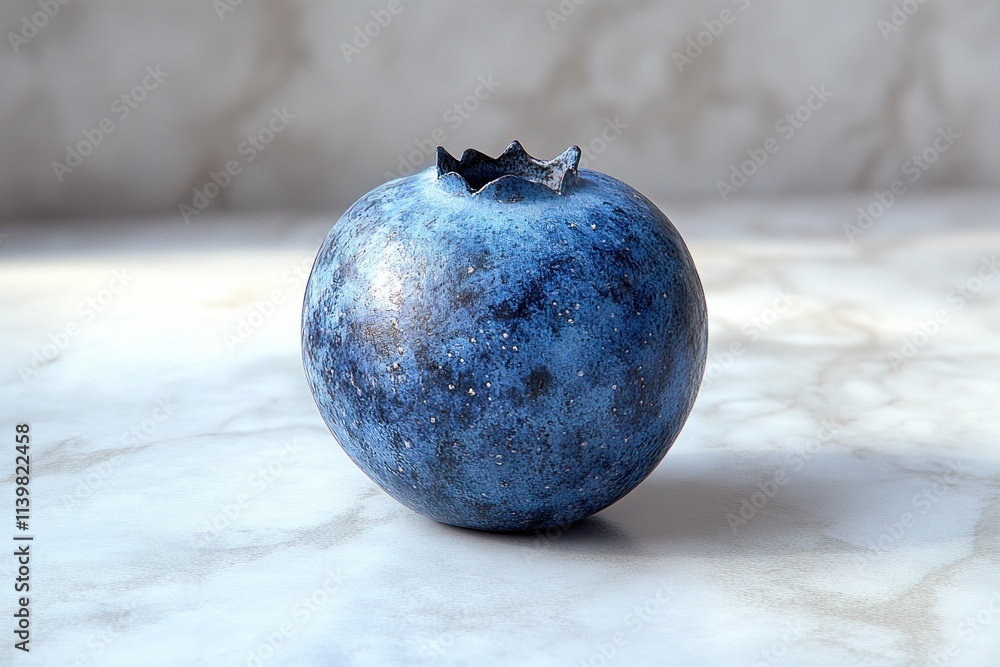 Poster the blueberry stands alone on a light marble surface, illuminated by a soft light that highlights it