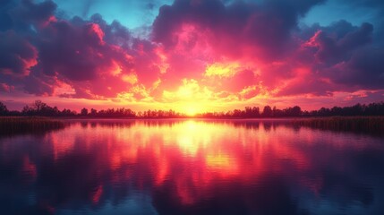 Obraz premium Vibrant sunset over calm lake reflecting fiery colors in the sky and water.