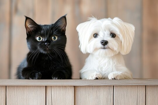 A friendly black cat and a small white dog sit side by side on a wooden ledge. They gaze at the camera, creating a charming and heartwarming atmosphere in a cozy indoor setting