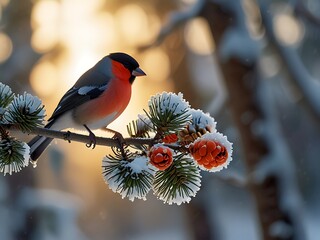 A Bullfinch Perched On A Snow Covered Branch