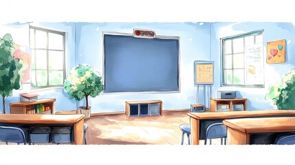 Fototapeta premium An empty classroom with two rows of desks, a blackboard, two windows, and a potted plant.