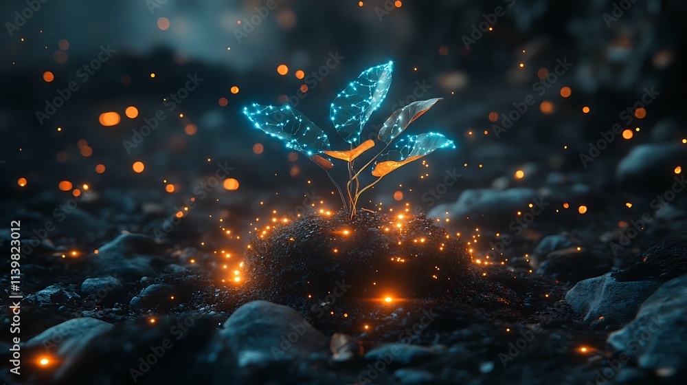 Poster glowing seedling emerges from soil with sparkling particles in a mystical environment
