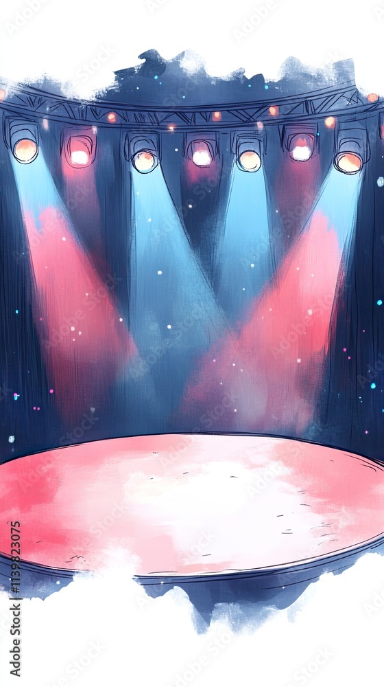 Poster an empty stage illuminated by spotlights, ready for the show to begin.