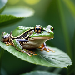 Obraz premium Amphibien - Grüner Frosch auf Blatt