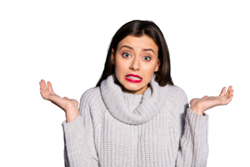 Pretty lady listening parents blaming wear knitted pullover isolated blue background