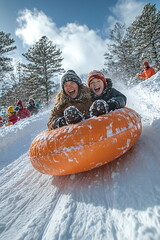 Joyful winter experience with friends tubing down a snowy hill on a sunny day