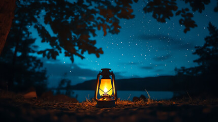 Oil lantern glowing under starry sky