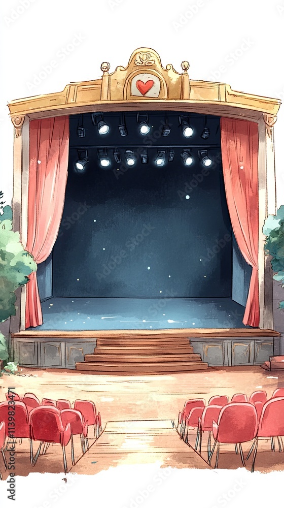 Poster an empty stage with red curtains and red seats, under the open sky, awaits a performance.