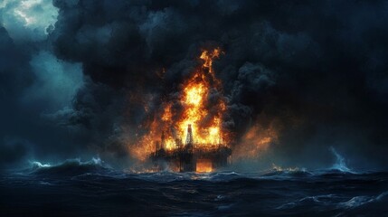 Obraz premium Offshore platform engulfed in fire, stormy sea.