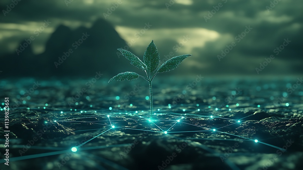 Poster green plant emerging from digital network representing connection between nature and technology conc