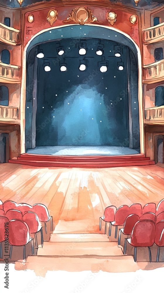 Poster an empty stage with red seats awaits the performance.