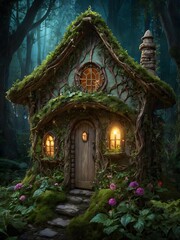 Fototapeta premium Fairy Tale Cottage Hidden in the Forest with Grass Roof