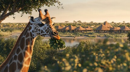 Obraz premium Giraffe at Sunset, Luxurious African Safari Lodge