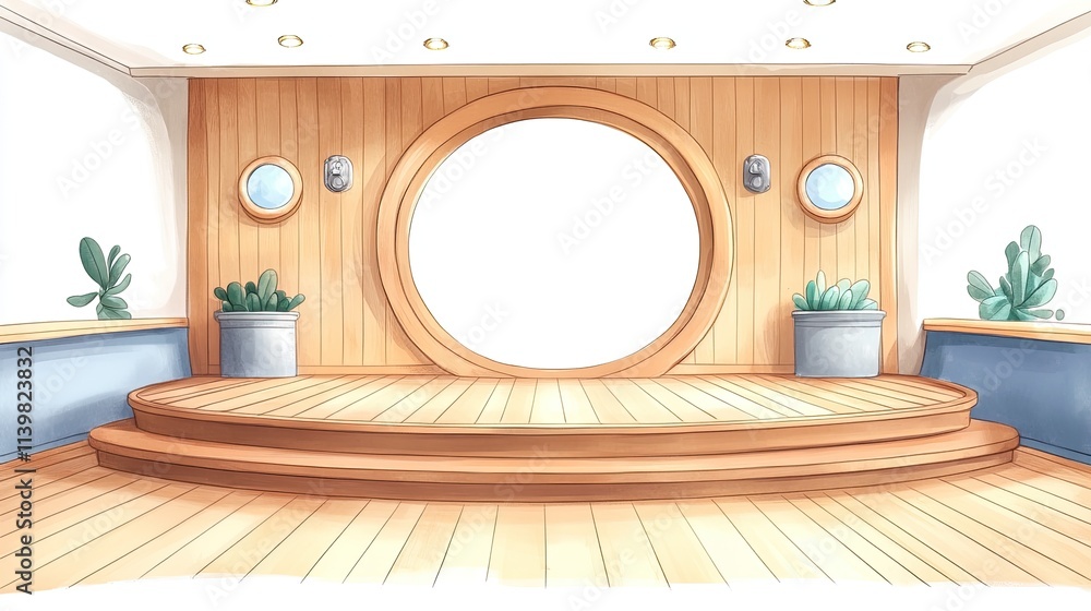 Poster an empty stage with wooden floors and a circular window, perfect for a product display or presentati